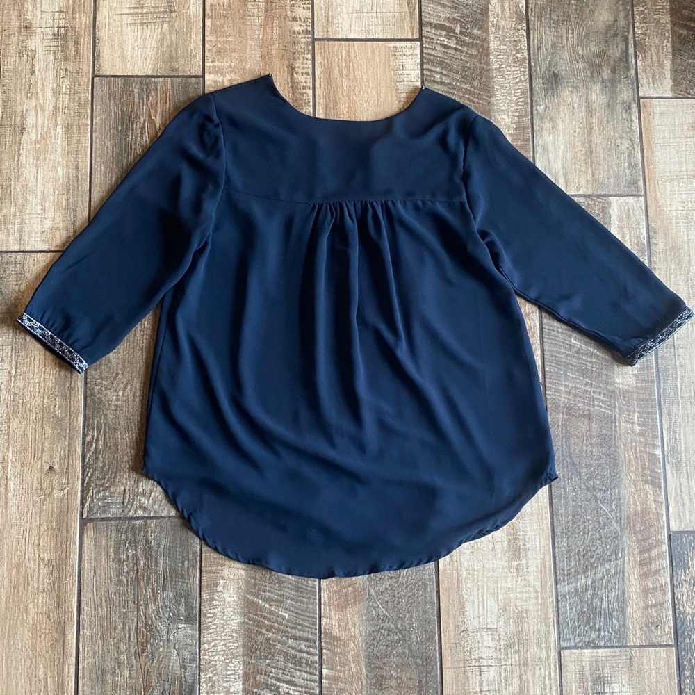 MM Couture Navy Embroidered Split V-Neck Tunic - Picture 3 of 12